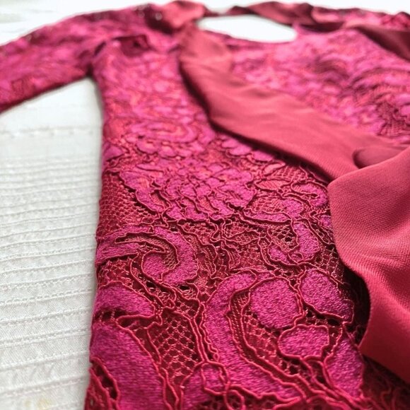 NWT ADELYN RAE RASPBERRY RED TIE NECK LACE LONG SLEEVE COCKTAIL DRESS - S - Picture 8 of 11